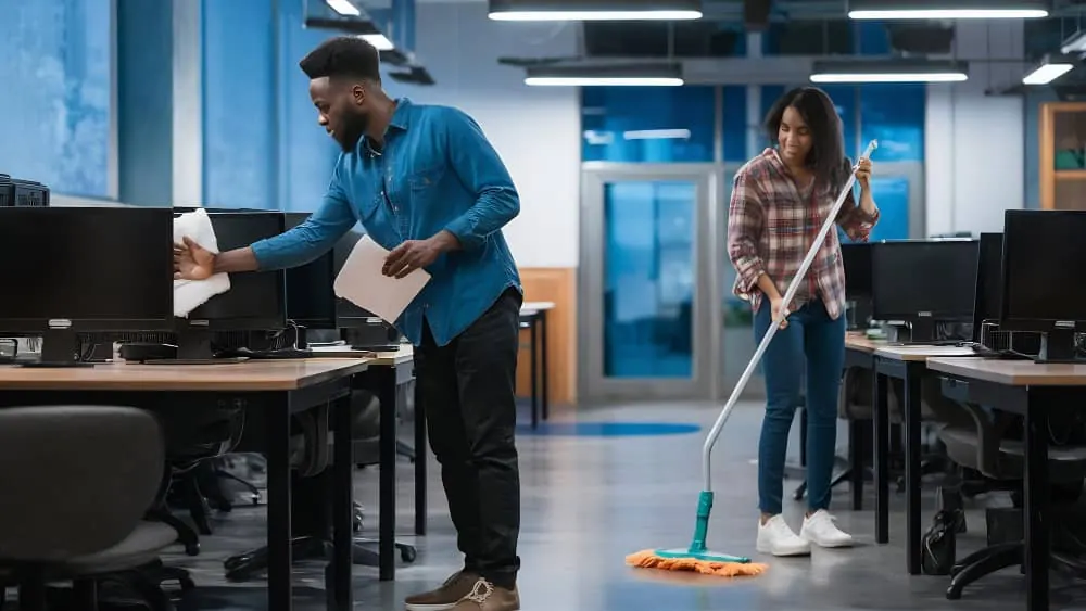 Cleaning an open-plan office floor after hours