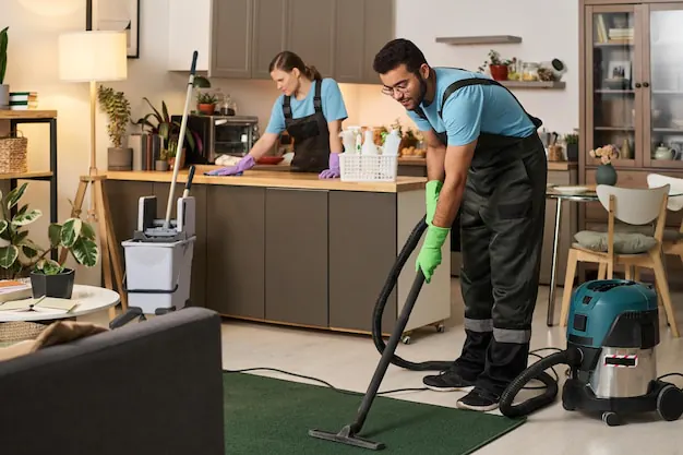 Two cleaners working through a kitchen together
