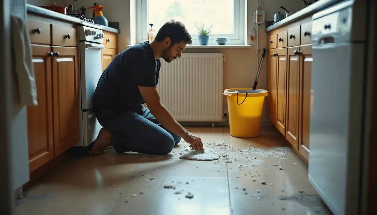 Scrubbing a kitchen floor by hand before handover