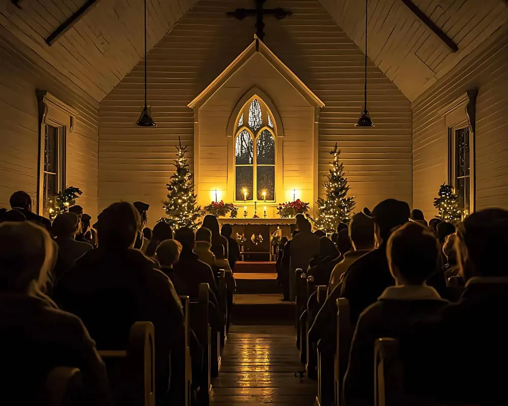 Congregation seated for a service in a wooden church